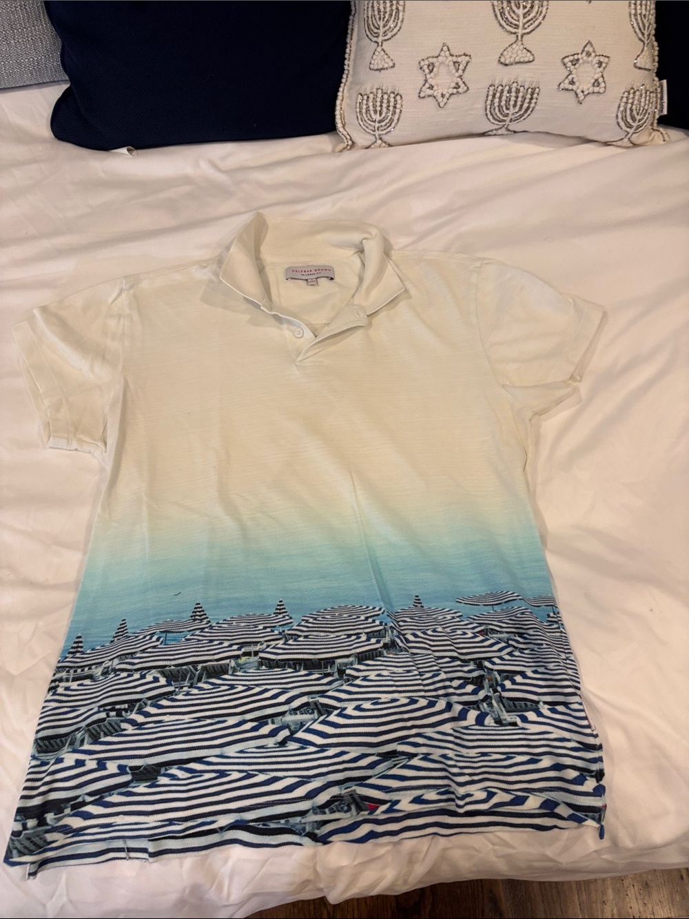 Orlebar Brown White to Aqua Ombre Polo with Navy Stripe Beach Print